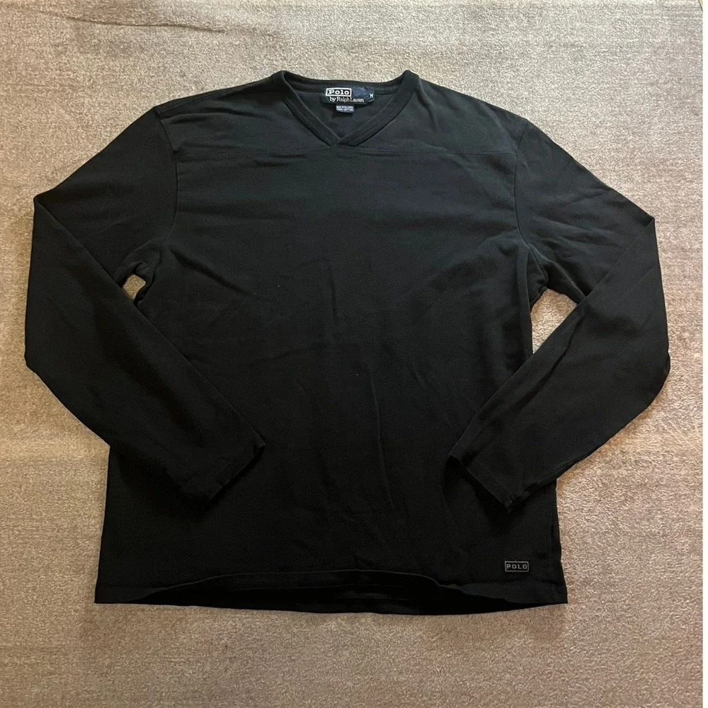 Polo Ralph Lauren Mens V-Neck Long Sleeve T-Shirt Black Cotton Size M Preppy